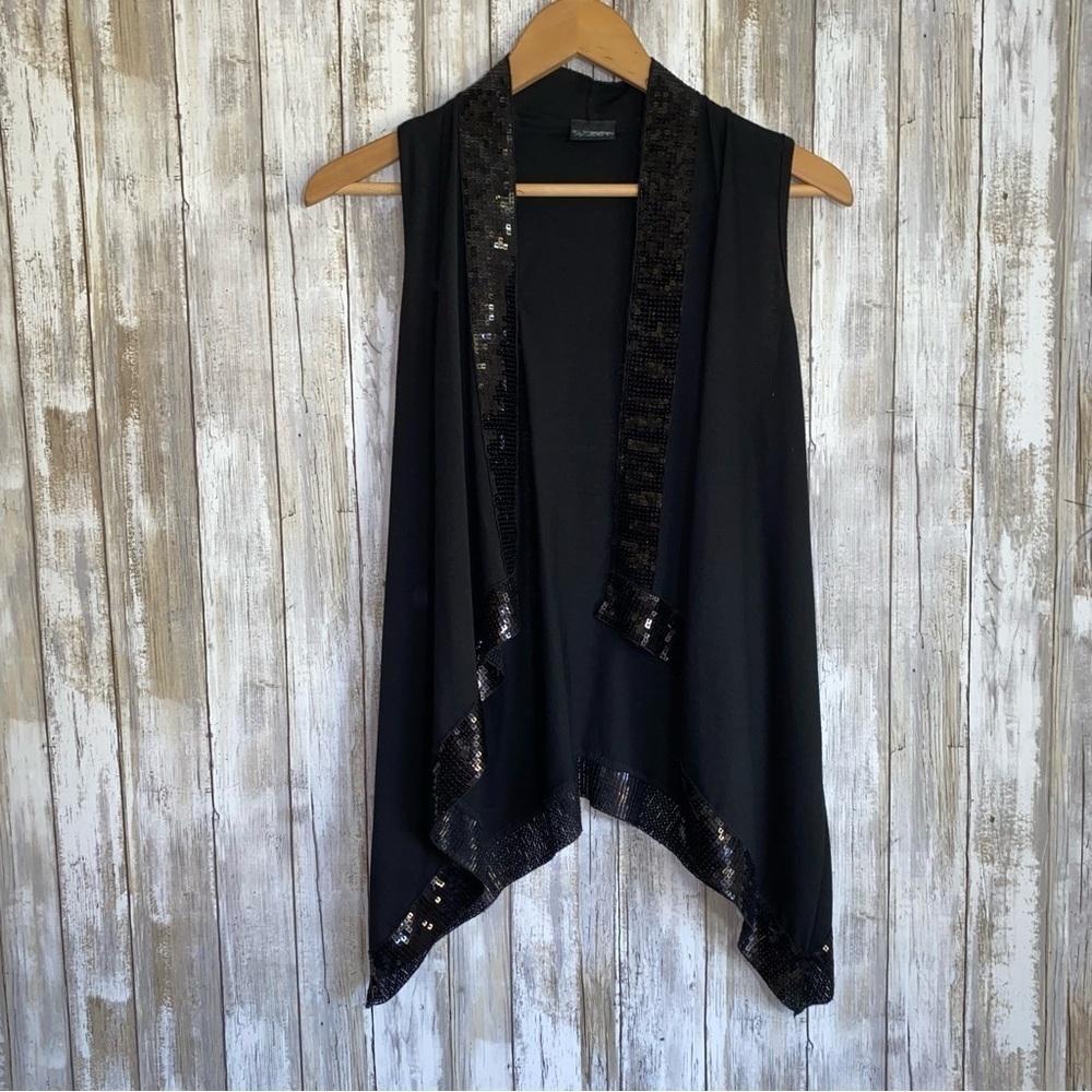 Daytrip Black Sequin Sleeveless Shawl Jacket - Picture 1 of 5